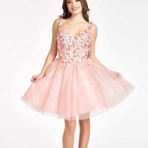 new BLUSH Sequin Floral Applique V-Back Glitter Mesh Homecoming Dress GL1999